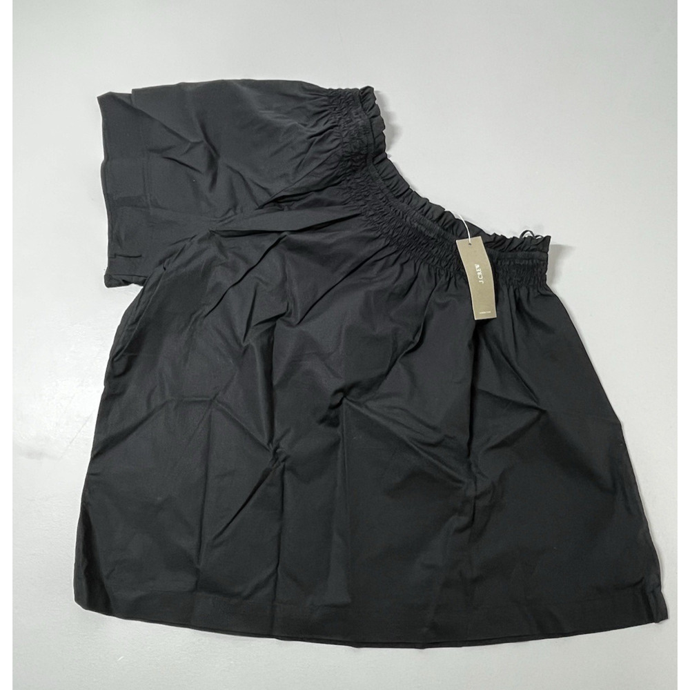 J Crew Smocked One Shoulder Top in Cotton Poplin XS Black Short Sleeve